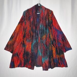 Caleoas Open Cardigan Jacket 3X Peacock Flocked Red Teal Blue Open Front